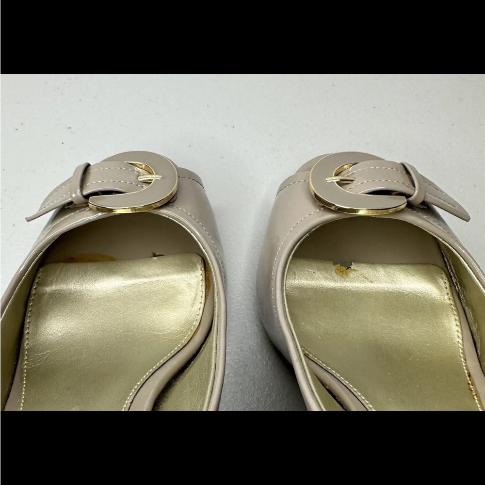 Kelly & Katie Tan Peep Toe Pumps Size 7 M Nude Patent Buckle High Heel Shoes - Picture 9 of 14